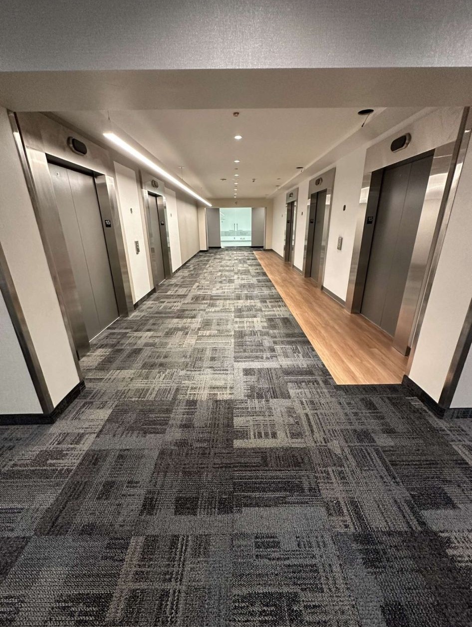 Patterned carpet tile installed in a Toronto elevator lobby